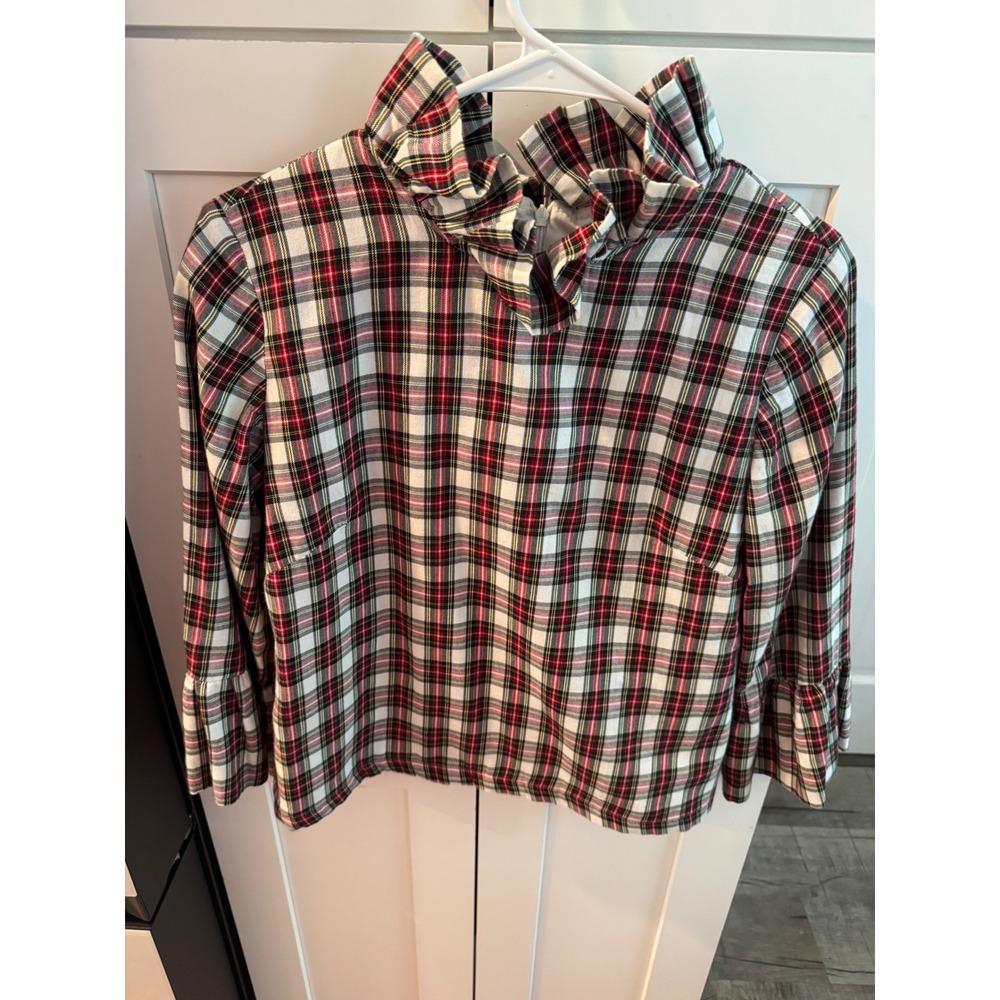 Elizabeth Wilson Plaid Ruffle High Neck Blouse Red White Black Tartan XS
